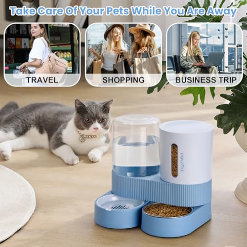 Automatic Cat Feeder Stainless Steel Water Dispenser Gravity Food Feeder and Waterer Set with Pet Food Bowl for Small Medium Kitten Puppy Pets Large Capacity(Blue) - color: Blue