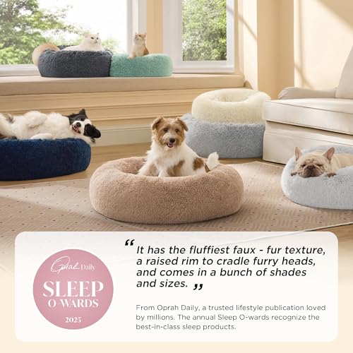 Bedsure Calming Cat Beds Donut Round Washable Kitten Bed,20 inches | Fluffy Faux Fur Cuddler,Anti-Slip Bottom,Anti-Anxiety,Deep Sleeping for Cats&Small Pets Up to 15 Lbs,Frost Grey - color: Frost Grey, size: 20"L x 20"W x 6"Th