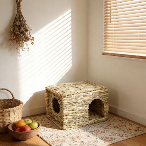 2 Pack 12"×8.5"×8" Foldable Grass Bunny House Straw Hideaway Hut | Double Opening Hay Bed Toy for Rabbits, Guinea Pigs, Hamsters, Chinchillas and Small Pets