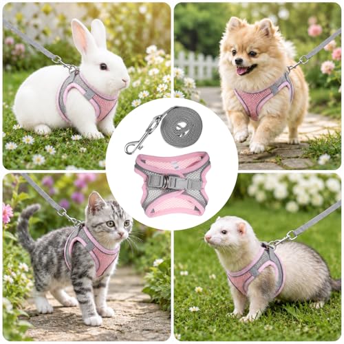 Bunny Harness and Leash Set Soft Breathable Rabbit Harness Eescape Proof Walking Training Rabbit Pet Vest Adjustable Mesh Vest HarnessCostume for Rabbits Ferret Small Pig Puppy Hamster