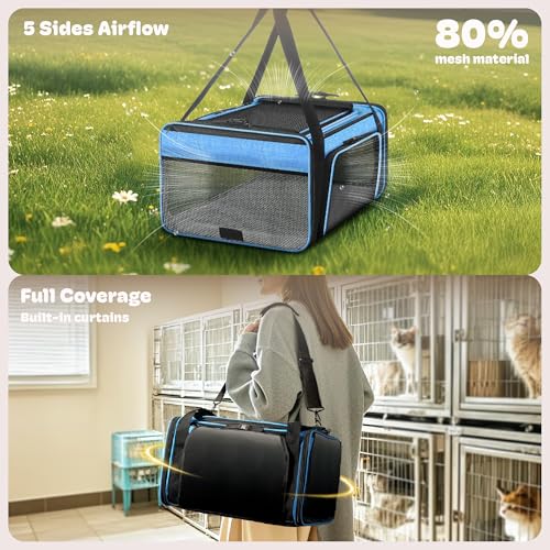Top and 2 Sides Expandable Cat Carrier 18x13.5x9.5 TSA Airline Approved | Dog Carriers for Small Dogs, Soft-Sided Pet Carrier, Anti-Scratch Mesh, Lockable Zippers, for Kitten, Rabbit, Puppy, Blue - color: Blue, size: 18.0"L x 13.5"W x 9.5"H
