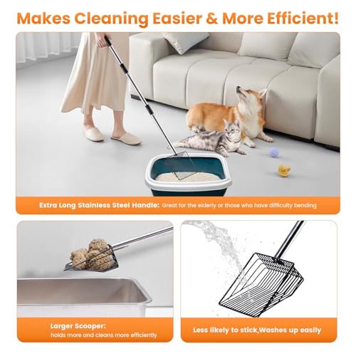 Cat Litter Scoop 43 inch Metal Litter Scooper with Stainless Steel Long Handle, Upgraded Large Kitty Box Scooper Heavy Duty Deep Shovel for Fast Sifting, Dog Waste Scooops for Outside Pet Poop - size: Long Handle-Upgraded