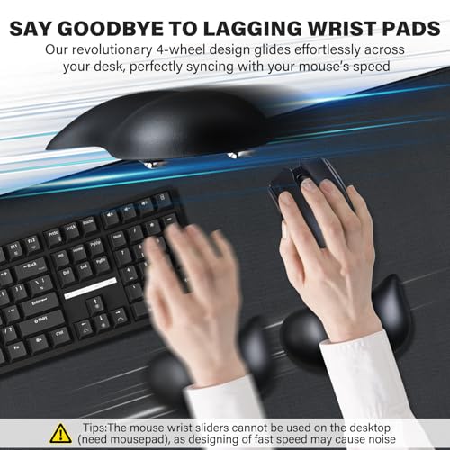 JIKIOU Ergonomic Gliding Palm Rests, Gel Mouse Wrist with Leather Surface | Sliding Wrist Pad with 4 Smooth Scroll Wheel, Fast Mouse Wrist Glider Designed for Office Computer Home Gaming, 2 Pack Black