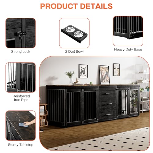 Rophefx 94.5" Dog Crate Furniture for 2 Dogs, Wooden Kennel TV Stand,Black | Indoor double dog house with 3 storage drawers, 4 feeding bowls, lockable doors, and a wide top for large and medium dogs - color: Black
