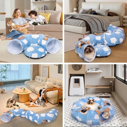 Cat Tunnel Bed, Tunnels for Indoor Cats with Washable Circle Cushion, Multifunctional Peekaboo Cave Donut Tubes Tunnel for Cat Kitty Kitten Puppy Rabbit Ferret (Sky Blue)