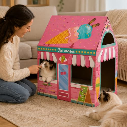 Cinrobiye Cardboard Cat House with Scratcher, Indoor Cat Condo Cat Cave Hideout with Scratch Pad, Cardboard Cat Playhouse Bed for Cats, Kittens, Rabbits & Small Pets (Ice Cream) - color: Ice cream