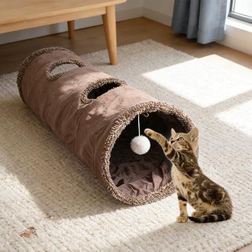 50"x 12" Collasiple Cat Play Tunnel, Interactive Cat Tubes and Tunnels for Indoor Play, Foldable Hide and Seek Toy for Cats, Rabbits, and Small Pets, Soft Brown Suede Pet Tunnel