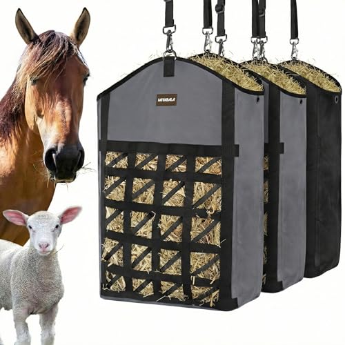 Ultra-Slow Feed Hay Bag for Horses, 3 Packs Hay Bags with Net Front Design,Wide Opening for Easy Filling,Two Types of Hanging for Feeding Goats, Sheep and Donkeys (1 Black+2 Grey) - color: 1 Black+2 Grey