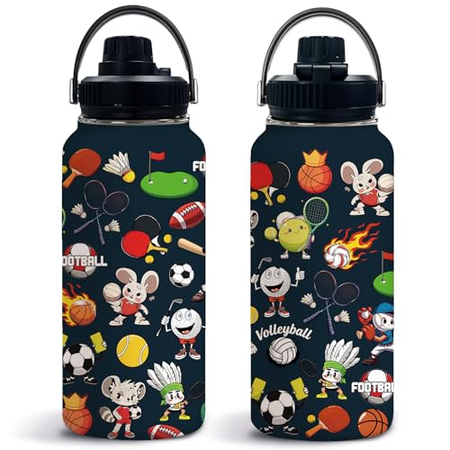 Soccer 32oz Water Bottle, Leak-proof Bottle, Insulated Coffee Cup | 32oz Stainless Steel Tumbler, with Handle & Lid Reusable Mug, Christmas Birthday Gift for Sports Lover - color: Ball