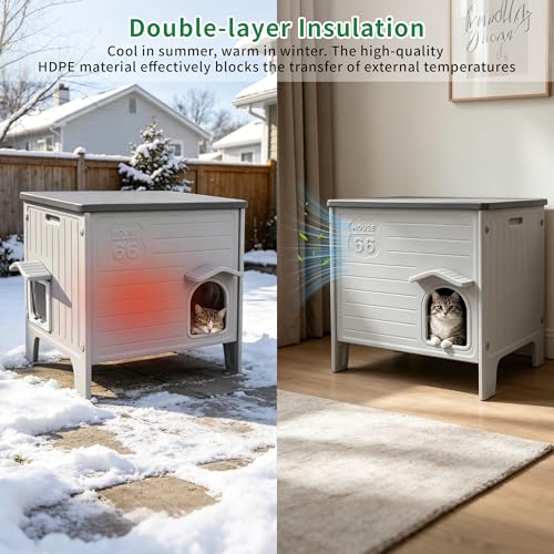 Rockever Cat House with Escape Door, Easy Clean Elevated Waterproof Shelter | Outdoor indoor breathable comfortable cat home, all-season refuge shelter for feral cats, with Heated Pad, Grey M - style: Medium