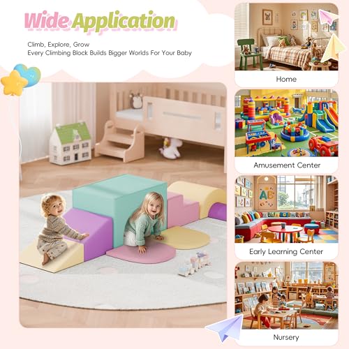 MU ‌Soft Climbing Toys for Toddlers, 7-Piece Baby Soft Foam Climbing Blocks, PU Leather Gym Climb and Crawl Activity Play Set, Indoor Climbing Toys for Kids and Children, Pink - color: Pink