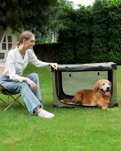 Veraste 33" L x 25" W x 25" H Collapsible Travel Dog Crate, Portable Soft Dog Kennel for Medium Large Dogs up to 60 lbs, 4-Door Foldable Travel Crate with Durable Mesh & Storage BagGreen | 4-Door Foldable Travel Crate,breathable mesh, foldable with storag