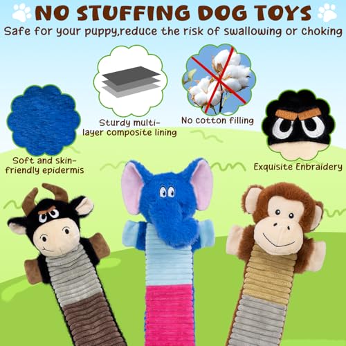 No Stuffing 3 Pack Dog Squeaky Toys, Chew with Crinkle to Large Puppy | Interactive to Keep Pets Busy, Durable Plush Pet Teething Toys, Toss, Fetch, Tug of war Play, Best Birthday Holiday Gift - color: Blue,balck,khaki