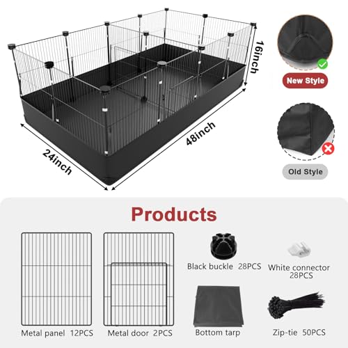 Tresbro Guinea Pig Cage with Waterproof PVC Bottom Liner & One-Hand Release Hook, Triple Fixing C&C Cage for Guinea Pigs, Bunny, Rabbit, Hedgehog, Small Animal Indoor Playpen 48''L x 24''W x 16''H - size: 14 Panels