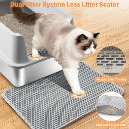 2PCS Stainless Steel Litter Box, XL Cat Litter Box for Big Cat | Large Metal Litter Boxes with Lid High Side, Non-Stick, Odor-Resistant, Anti-Urine Leakage, Includes Mat & Scoop - color: 2PCS XL-lid box