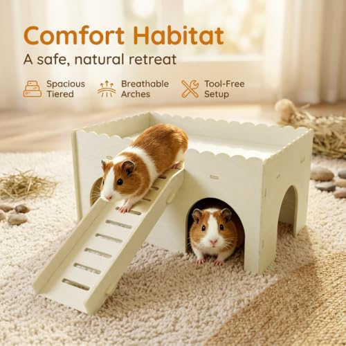 Wooden Guinea Pig House, 2-Tier Hamster Hideout with Anti-Slip Ramp, Large Small Animal House Habitat for Bunny Chinchilla Dwarf Rabbit, Tool-Free Assembly Climbing Toy Castle