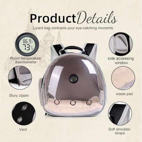Reptile Travel Backpack Carrier with Reptile Thermometer and Humidity Gauge & Harness Leash Lizard Travel Cage Space Capsule Clear Bubble Window Astronaut Bearded Dragon Bag for Ball Python - color: Black