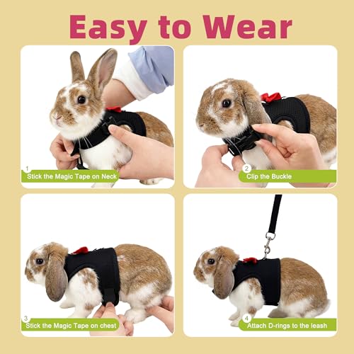Breathable Bunny Harness and Leash Set with Cute Bow, Black S | Adjustable Vest, Escape Proof, Quick-Release Buckle, for Rabbits, Kittens, Ferrets & Small Pets, Walking & Outdoor - color: Black, size: S