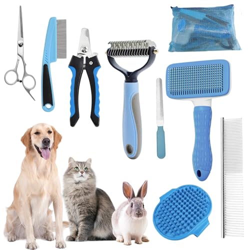 Dog Brush for Shedding,9 PCS in One Pet Slicker Hair Brush Kit with Pet Nail Clipper and File - Dog Cat Grooming Deshedding Undercoat Rake Brush Comb for All Small Large Dogs Cats Blue - color: 9-Blue
