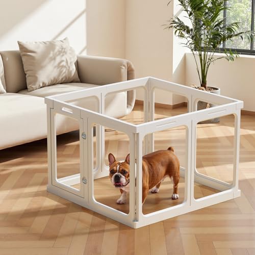 Clear Acrylic Dog Playpen - 33.4 x 33.4 Inch, 24" H 8 Planes Transparent Dog Fence Indoor, Sturdy Pet Pen for Puppy/Small Dog/Rabbit/Pig, Easy Assemble & Cleaning Plastic Whelping Box Enclosure, White - color: White