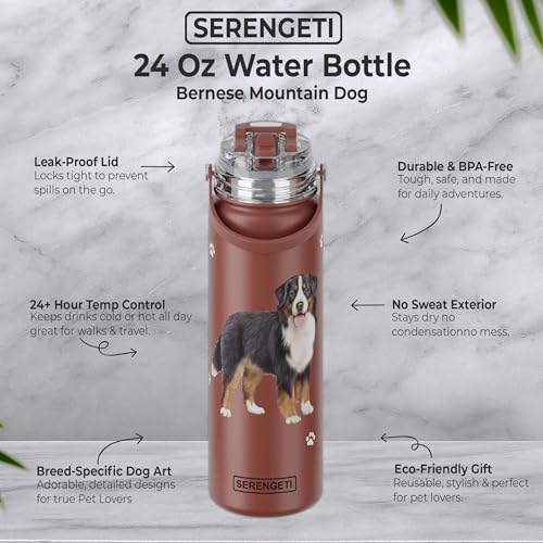 SERENGETI 24 Oz Water Bottle Stainless Steel with Spill Proof Lid - Double walled Vacuum Insulated water flask - Realistic 3D Print of your favorite dog (Bernese Mt. Dog) - color: Bernese Mt. Dog