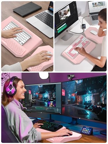 3-in-1 Ergonomic Keyboard Stand with Wrist Rest & Mouse Pad Set, Pink | Comfy Keyboard Riser Holder Soft Mousepad with Massage Design, Memory Foam and Non-Slip PU Base for Pain Relief - color: Light Pink