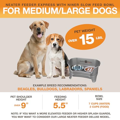 Neater Feeder Express Mess Proof Dog Bowls Elevated for Medium and Large Breed – Made in USA – No Spill Raised Slow Feeder Elevated Dog Bowl Stand, Slow Feed Food and Water Bowl Set, Grey - color: Gunmetal Grey, size: Medium to Large w/ 9 Peak Slow Feed B
