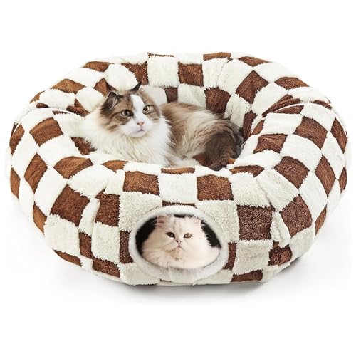 Cat Tunnel Bed with Washable Cushion for Indoor Cat, Donut Cave Tube Toys for Kitten Puppy Rabbit, Brown - color: Brown