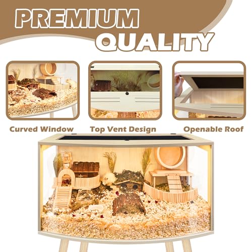 Prolee Hamster Cage with Curved Design,Chew Proof Wooden Hamsters Enclosure with Leg Stand and Openable Top or Gerbils,Hamster Habitat - size: 24.0"L x 16.0"W x 16.0"H