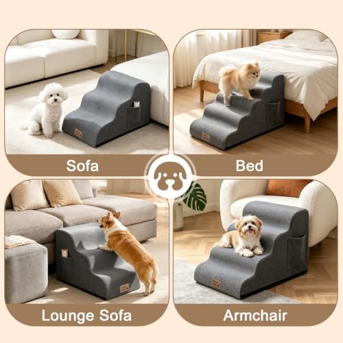 3-Step Dog Stairs for Small Dogs & Cats, 15.7" H Non-Slip Pet Steps with Side Storage Pocket, Sturdy High Density Foam Dog Ramp for Sofa, Couch & Chair, Washable Cover, Grey - size: Round-15.7"H