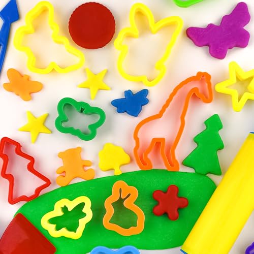 Dough Play Tools Set for Kids, 32 PCS Dough Accessories with Animal Molds and Shaped Cutters, Plastic Cutters Toys for Toddlers, Mixed Colors and Random Colors