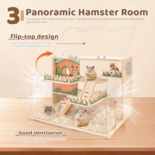 Large Acrylic Hamster Cage, Wooden Dwarf Hamster Habitat, Spacious Dwarf Gerbil Cage, Premium Dwarf Hamster Habitat with Ventilator (Hamster Cage)