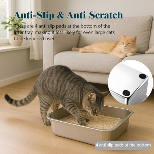 FELIO Stainless Steel Cat Litter Box - Large Metal High Side Litter Box, 23.4" L×15.5" W×5.9" H, Splash-Proof and Non-Stick Cat Poop Box odorless, Easy to Clean for Big Cats, Rabbit, Dog, Ferret - size: Large