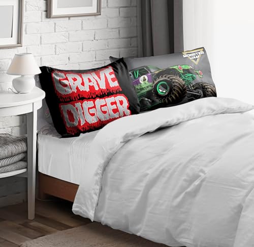 Sunny Side Up Monster Jam Grave Digger 2 Pack Reversible Pillowcases - Double Sided Pillow Covers, Kids Super Soft Trucks Bedding - color: Black - Monster Jam