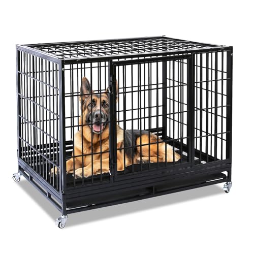 Homey Pet Stackable Heavy Duty Large Dog Crate Cage Kennel for Large Dogs | 47 Inch Black Solid Indestructible Kennel with Lockable Wheels, Double Door, Removable Dual Trays, Escape Proof Auto Locks - size: 46.5"L x 28.5"W x 35.0"H