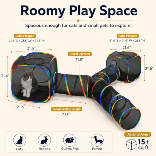 Outdoor Rainbow Cat Enclosures Playground,Outside House for Indoor Cats Include Portable Tent, 3 Way with 2 Cube Tunnel, for Kitty and Small Animals,Within Storage Bag - size: 2 Cube+3-Way Tunnel (no tent)