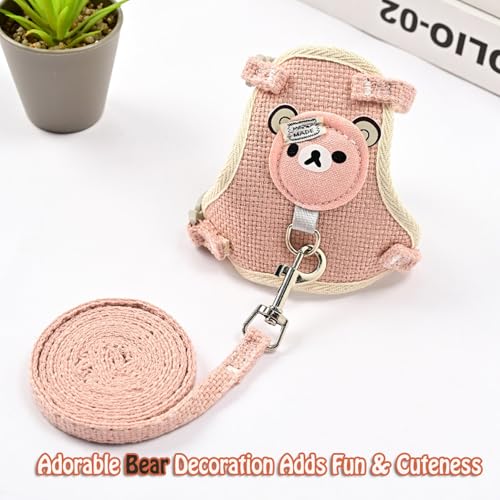 LeLehome Cat Vest Harness and Leash Set - Soft Fabric Cute Pink Bear, Adjustable Straps Walking Escape Proof for Kitten, Puppy, Rabbit (S)