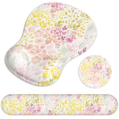 Ergonomic Mouse Pad with Wrist Rest and Keyboard Wrist Rest, Gel Mousepad and Wrist Rest for Computer Keyboard, Pain Relief, Non-Slip PU Base, Mouse Pad Wrist Support for Gaming, Pink Yellow Flowers - color: Floral Brust