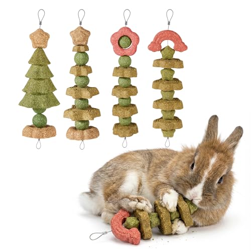 4 Pack Rabbit Chew Toys Bunny Treats, Prevent Teeth Overgrowth, Chew Toys for Guinea Pig/Hamster, Made with Timothy Hay & Vegetables for Rodent Pets, Small Animal Toys