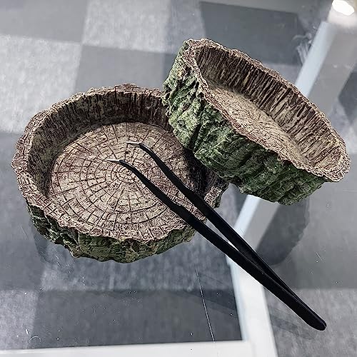 2PCS Reptile Food Water Dish, Tree Stump Feeding Bowl with Tweezers for Leopard Gecko, Lizard, Spider, Scorpion, Chameleon