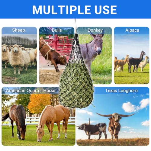 2-Pack Heavy Duty Hay Bags, Slow Feeder for Horses & Goats with 2-Inch Holes, Adjustable Drawstring Hay Net to Reduce Waste & Improve Digestion for Stall, Trailer, Pasture