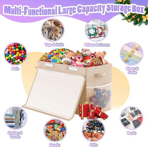 Large Toy Storage Box with Lid, Dividers, Collapsible Kids Toy Chest, Beige | Toy Box for Boys, Girls, Nursery, Bedroom, Living Room, Playroom, 25 x 13 x 16 inches - color: Large Beige