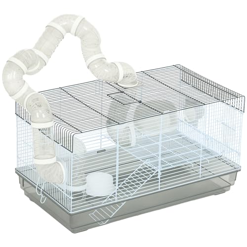 PawHut Hamster Cage, 2 Levels Gerbil Cage, Small Animal Cage for Dwarf Hamster with Tubes and Tunnels, Exercise Wheel, Food Dish, Water Bottle, Ramp, 23" x 13" x 12", Gray | Gerbil Habitat, Small Animal Cage, Tubes and Tunnels, Exercise Wheel, Food Dish,