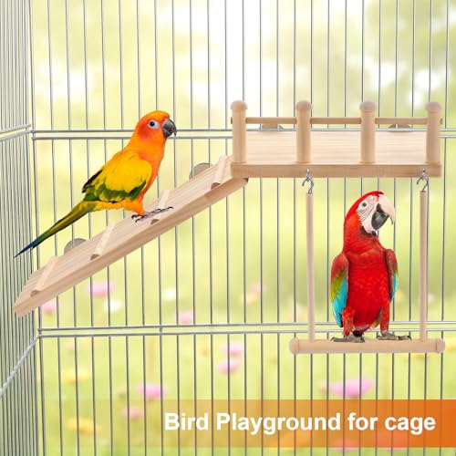 Wooden Bird Habitat Platform with Swing and Ladder - Sturdy Long Tailed Parrot cage Accessory, Suitable for Exercising and Entertaining Bird Games Gym - Perfect for Parrots, Canaries, Sparrows - size: 1
