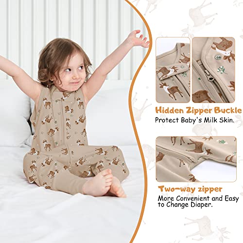 LAT Baby Sleep Sack,Summer Cotton Sleeveless Sleeping Sack Toddler with Legs,Baby Wearable Blanket with Zipper 6M-4T(2Pcs,Khaki Deer+Lion,1-2T)