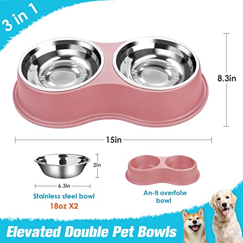 Epetslove Stainless Steel Dog Bowls Double Non-Slip Dog Water and Food Bowl | Pet Feeder Bowls, Dog Dishes, Raised Feeding Design, Double Bowls Set, For Puppies, Medium Dogs and Cats, Outdoor / Indoor - color: 3.Pink, size: Medium-18oz