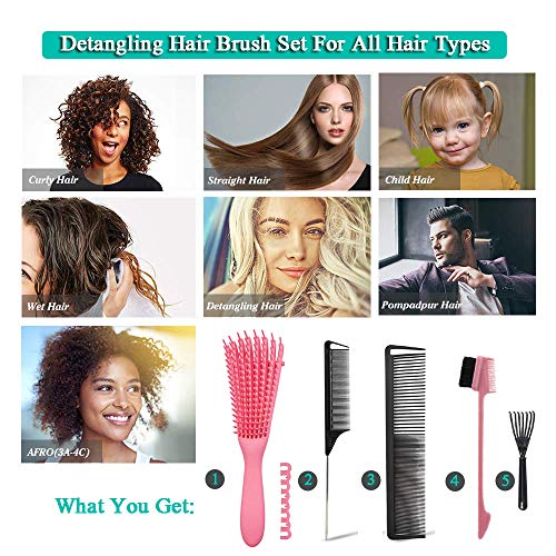 EZ Detangler Brush with Edge Brush, Rat Tail Combs Set for Natural, Curly, Wet/Dry, Black Hair, Flex Detangling Brush set for Hair Style and Cuting, No Pain and Easy Clean in Daily Use（Pink + Black) - color: 5 Pieces (Pink + Black)
