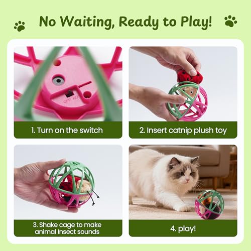 Cat Toys for Indoor Cats - Interactive Ball Cage Cat Toy with Realistic Insect Sounds & 2 Catnip Plush Toys, Motion-Activated Hunting Simulation Toy for Cats - color: Black