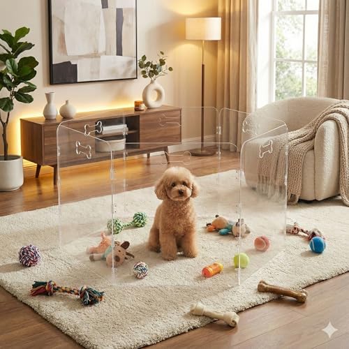 6-Panel Clear Acrylic Freestanding Dog Gate, Folding Pet Barrier | Transparent Puppy Fence with Handles, Foldable Playpen for House, Indoor Stairs, Doorways, Small Dogs & Rabbit - size: 6-Panel