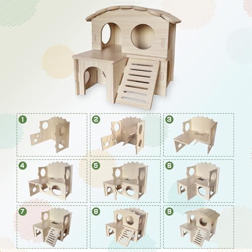 LOS ANDES Hamster Maze Double-Decker Wood House, Seesaw Toy, Bridge and Swing for Dwarf Gerbil Mouse Mice Rat Small Animals(Only for Small Hamsters)